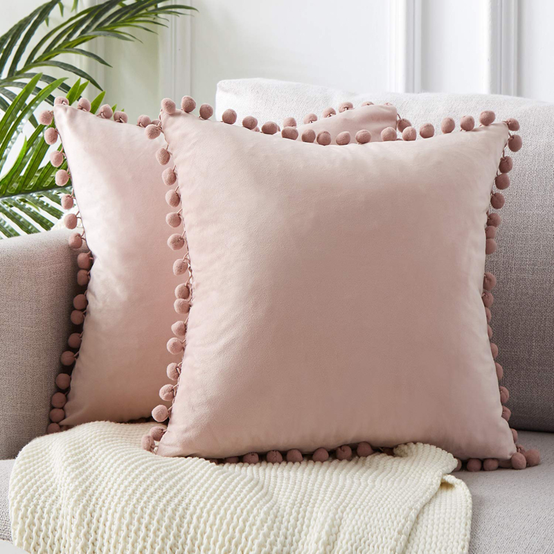 Pink Pompom Velvet Pillow 18 x 18