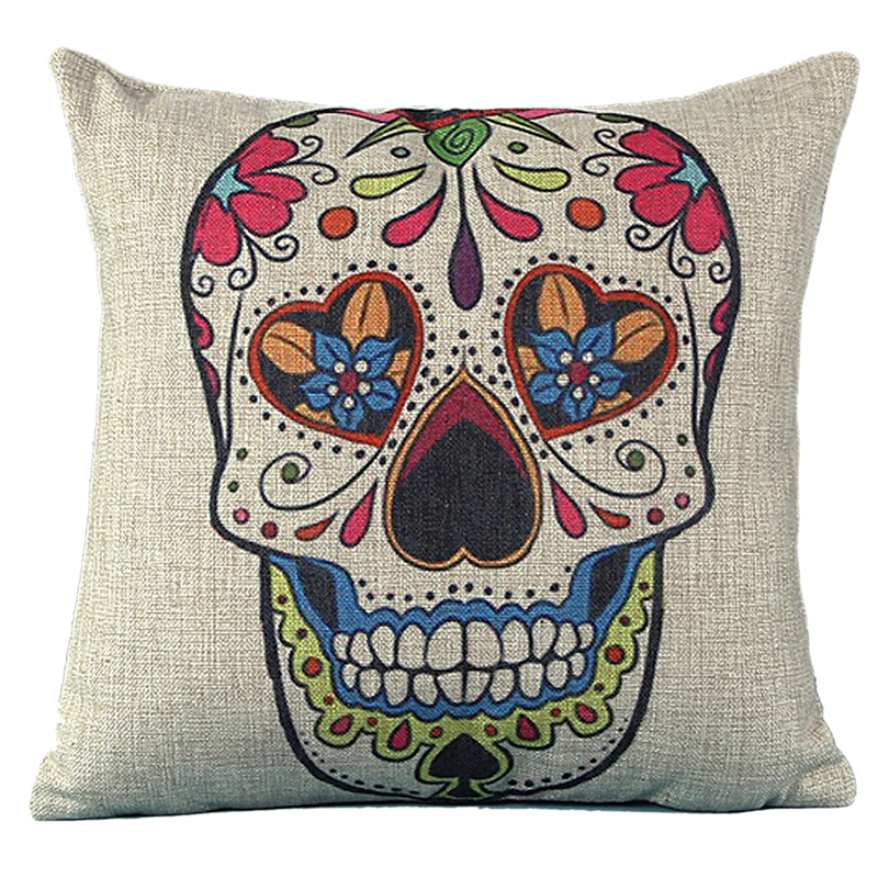 Burlap Sugar Skull Mexican Pillows 18 x 18