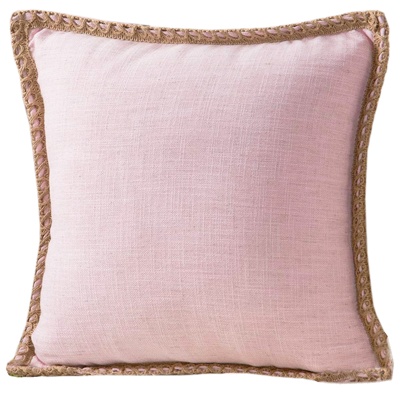 Pink Burlap Trim Linen Pillow 18 x 18