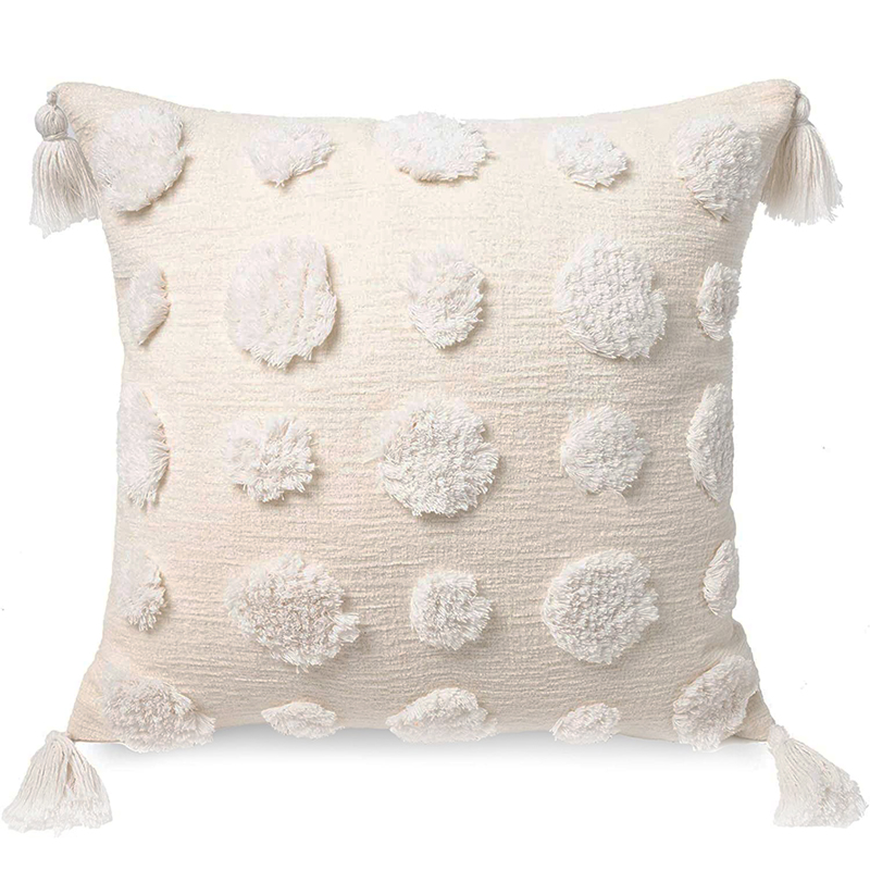 Ivory Furry Dots and Pompom Pillow 18 x 18
