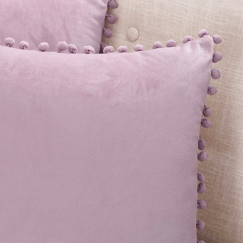 Purple Lilac Pompom Velvet Pillow 18 x 18