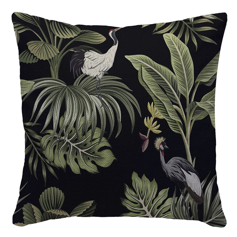 Black Green Jungle Crane Pillow 18 x 18