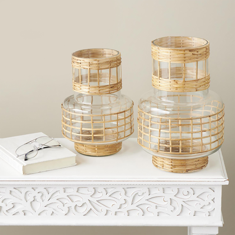 Wire Rattan and Glass Tabletop Lantern Large
