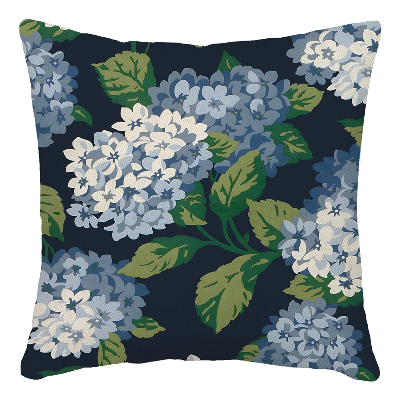Blue Hydrangea on Navy Pillow 18 x 18