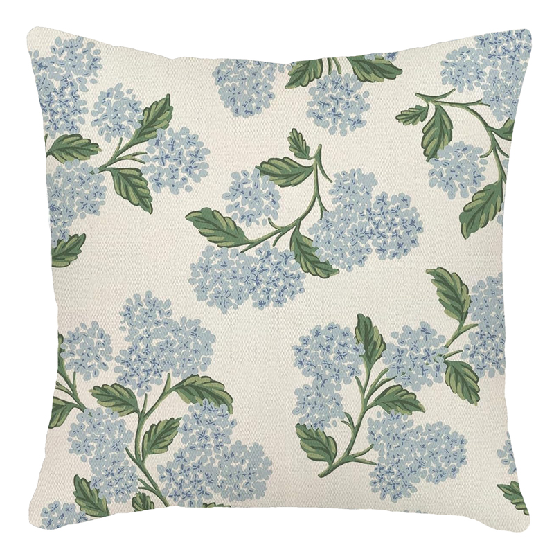 Blue Hydrangea on White Pillow 18 x 18